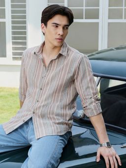 CAHOOT - Men Beige Striped Full Sleeves Regular Fit Casual Shirt
