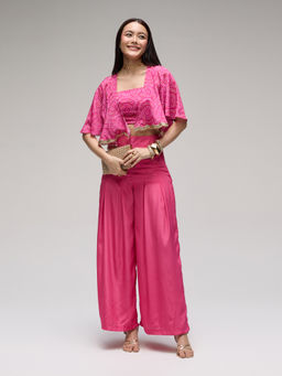 Gajra Gang - Pink Chinon Bandhani Cape, Bustier Top & Pant Eastern Souk Set of 3