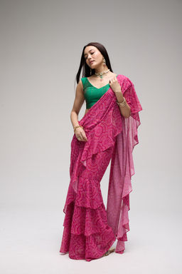 Gajra Gang - Pink Georgette Bandhani Ruffle Saree Casa Mexicana