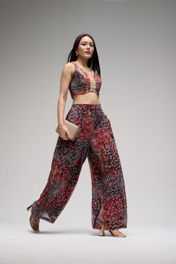 Gajra Gang - Rust Georgette Print Crop Top & Pant Eatern Souk Set of 2