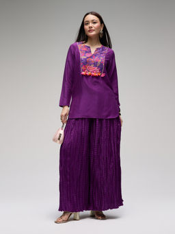 Gajra Gang - Purple Embellished Kurta with Crush Tissue Palazzo Diwalicious Set of 2