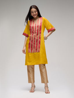 Gajra Gang - Mustard Silk Yoke Embellished Kurta Eastern Souk