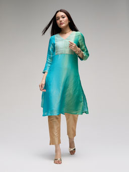 Gajra Gang - Teal Ombre Chanderi Embellished Kurta & Pant Eastern Souk