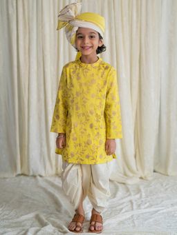 TIBER TABER - Boys Nawab Dhoti Kurta Cotton Gold Print - Yellow (Set of 2)