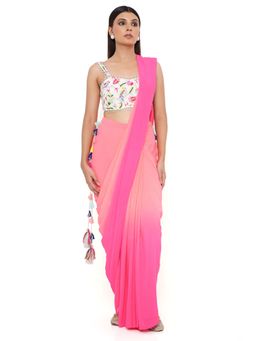 Payal Singhal - Georgette Embroidered Coral Pre-Stitched Blouse Saree with Stitched Blouse