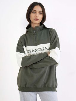 Styli - Women Green Slogan Print Longline Oversized Sweatshirt