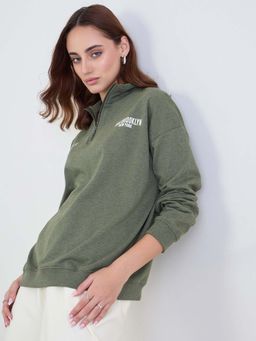 Styli - Women Green Brooklyn Slogan Oversized Sweatshirt