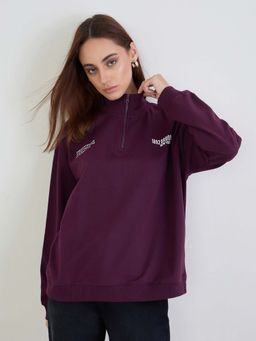 Styli - Women Purple Slogan Print Oversized Sweatshirt