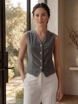Style Quotient - Women Solid Velvet Grey Waist Coat