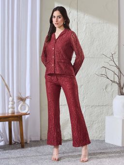 Latin Quarters - Women Maroon Lace Full Sleeves Co-Ord Set