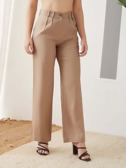 Latin Quarters - Women Beige Solid Mid Rise Casual Trouser