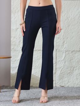 Latin Quarters - Women Navy Blue Solid Casual Flared Mid Rise Trouser