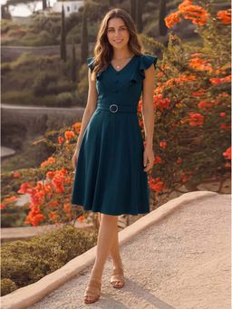 Style Quotient - Women Casual Teal Midi Dress with Belt