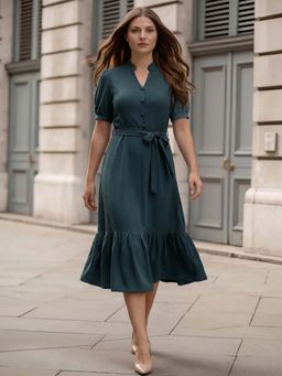 Style Quotient - Women Puff Sleeve Tiered Hem Green Midi Dress with Belt