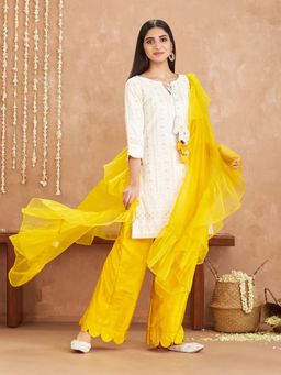 Gajra Gang - Amaira White Schiffli Embroidered Kurta Palazzo Dupatta GGSKD31 (Set of 3)