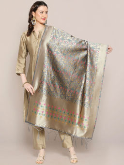 Dupatta Bazaar - Womens Grey Banarasi Silk Dupatta with floral Jaal design