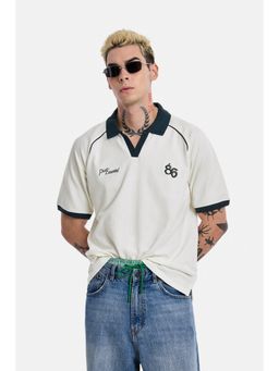 Snitch - Off-White Graphic Half Sleeves Oversized Polo T-Shirt