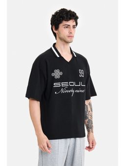 Snitch - Black Graphic Half Sleeves Oversized Casual Polo T-Shirt
