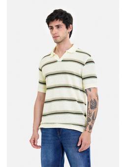 Snitch - Cream Stripes Half Sleeves Regular Casual Polo T-Shirt