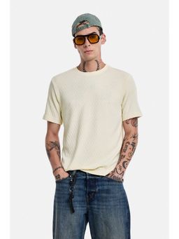 Snitch - Cream Textured Half Sleeves Regular Casual T-Shirt for Men