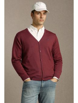 Louis Philippe - Men Maroon Solid V Neck Full Sleeves Cardigan