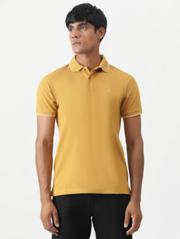 Greenfibre - Mustard Cotton Blend Solid Slim Fit Polo T-Shirt