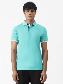 Greenfibre - Turquoise Cotton Blend Solid Slim Fit Polo T-Shirt