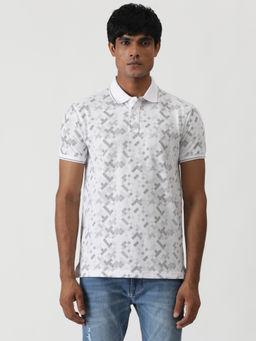 Greenfibre - White Cotton Blend Printed Slim Fit Polo T-Shirt