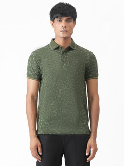 Greenfibre - Olive Green Cotton Blend Floral Slim Fit Polo T-Shirt