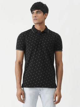 Greenfibre - Black Cotton Blend Printed Slim Fit Polo T-Shirt