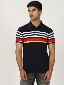 Greenfibre - Navy Blue Cotton Blend Striped Polo T-Shirt