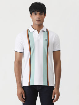 Greenfibre - White Cotton Blend Striped Slim Fit Polo T-Shirt