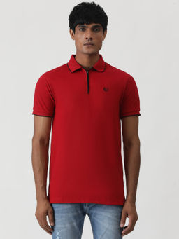 Greenfibre - Red Cotton Blend Solid Slim Fit Polo T-Shirt