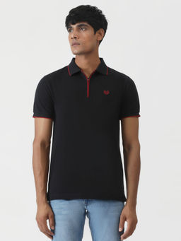 Greenfibre - Black Cotton Blend Solid Slim Fit Polo T-Shirt