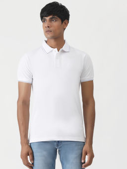 Greenfibre - White Cotton Blend Solid Slim Fit Polo T-Shirt
