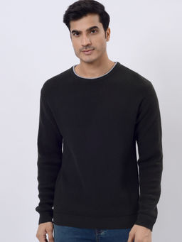JadeBlue - Black Cotton Textured Regular Fit Sweatshirt