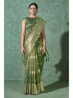 Monjolika Fashion - Simar Silk Woven Designer Classic Saree Olive with Unstitched Blouse