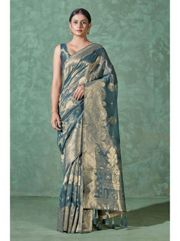 Monjolika Fashion - Dark Grey Simar Silk Woven Designer Classic Saree with Unstitched Blouse