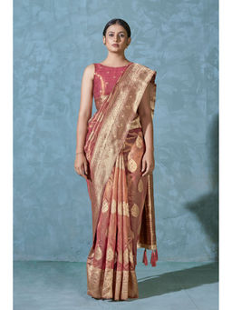 Monjolika Fashion - Peach Simar Silk Woven Designer Classic Saree with Unstitched Blouse