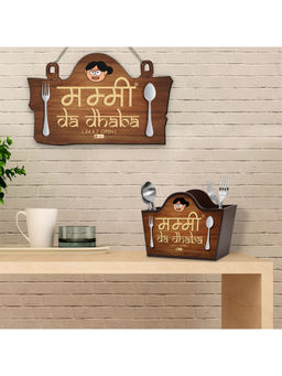 Indigifts - Mummy Da Dhaba Brown Printed Wall Hanging and Cutlery Holder