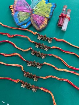Digital Dress Room - Ganesha Rakhi Design Gold Plated Rudraksha Beads RedYellow Thread (Pack of 6)