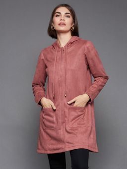 Miss Chase - Womens Dark Peach Solid Hooded Neck Full Sleeves Casual Polyester Longline Jacket