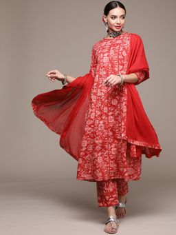 Anubhutee - Women Red Printed Kali Kurta and Pant with Dupatta (Set of 3)