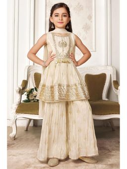 Lagorii - Ivory Embroidered Sharara With Kurti & Dupatta