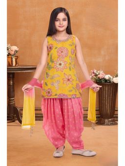 Lagorii - Yellow Floral Embroidered Kurti With Pink Dhoti And Dupatta