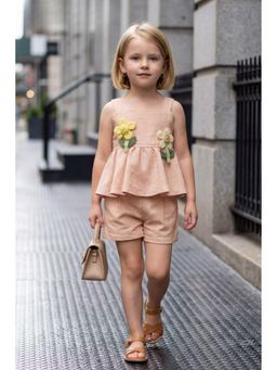 Lagorii - Peach Peplum Top And Shorts With Floral Applique