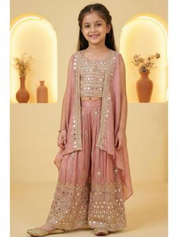 Lagorii - Onion Pink Mirror Embroidered Palazzo With Jacket & Crop Top