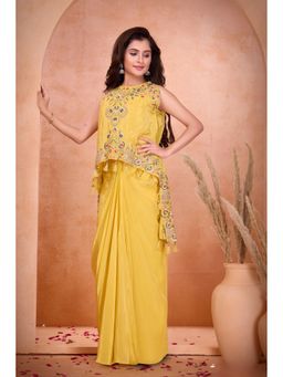 Lagorii - Yellow Embroidered Top With Draped Dhoti Skirt