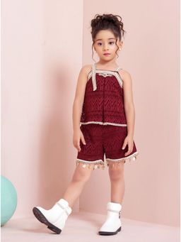 Lagorii - Maroon Sleeveless Top & Shorts With Lace Detailing