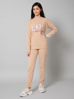 Alan Jones - Cotton Text Print Round Neck Top And Joggers - Beige